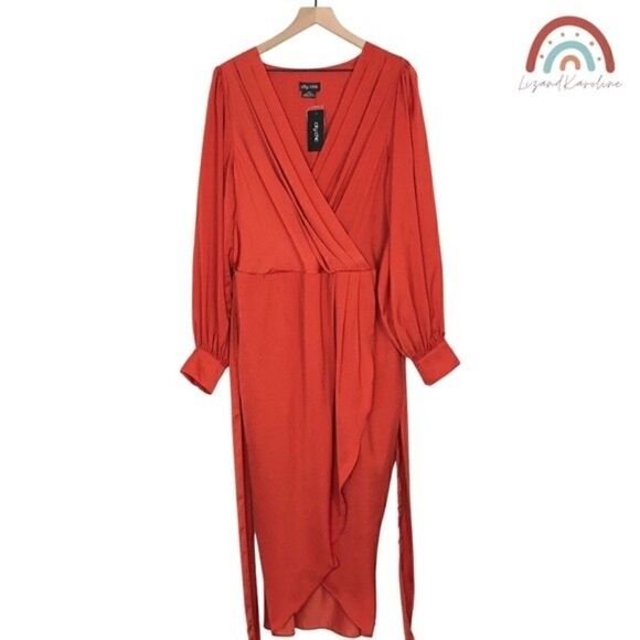 New! City Chic Opulent Faux Wrap Amber Cocktail Party Fall Midi Dress - Picture 2 of 16